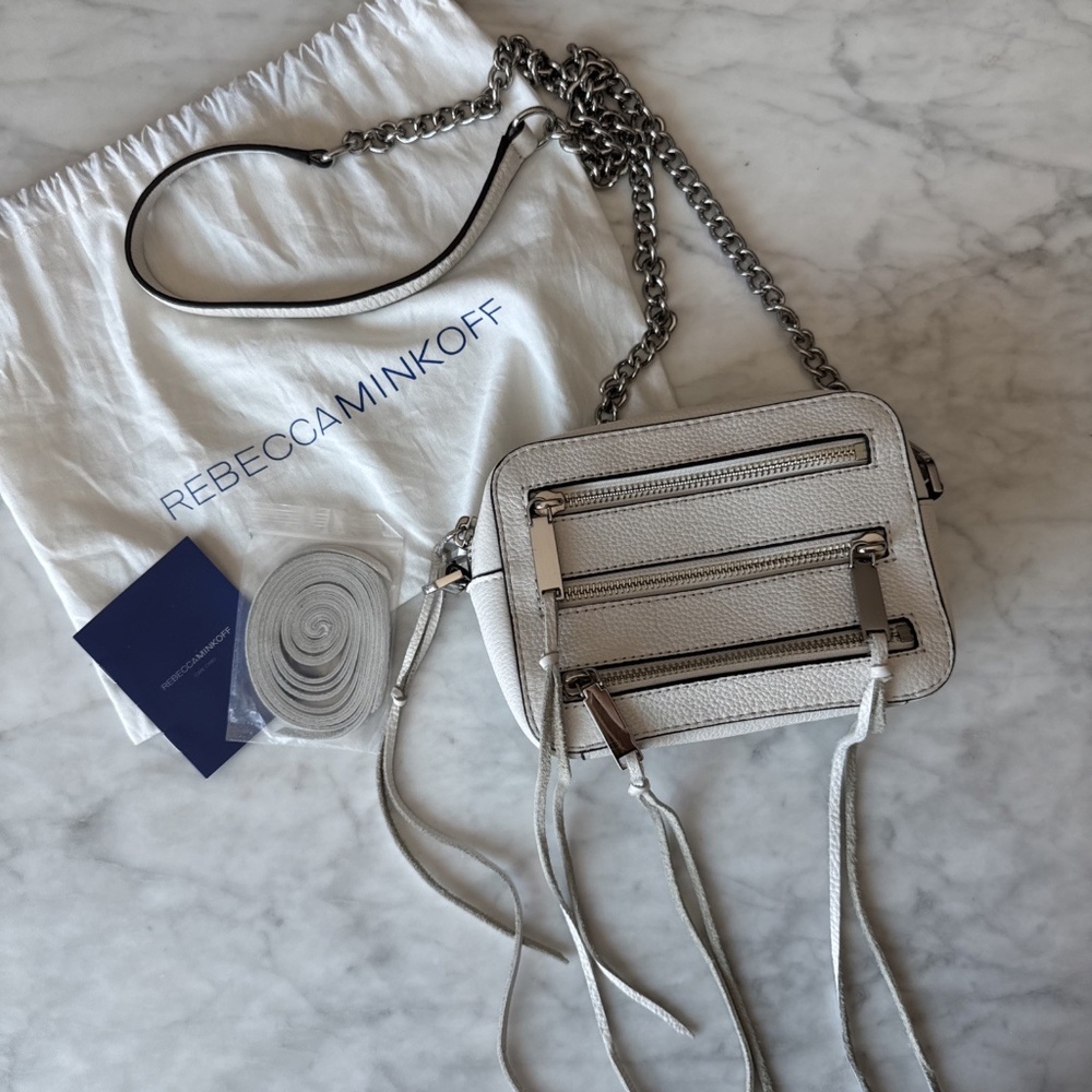 Rebecca Minkoff White Four Zip Fringe Moto Camera Bag EUC